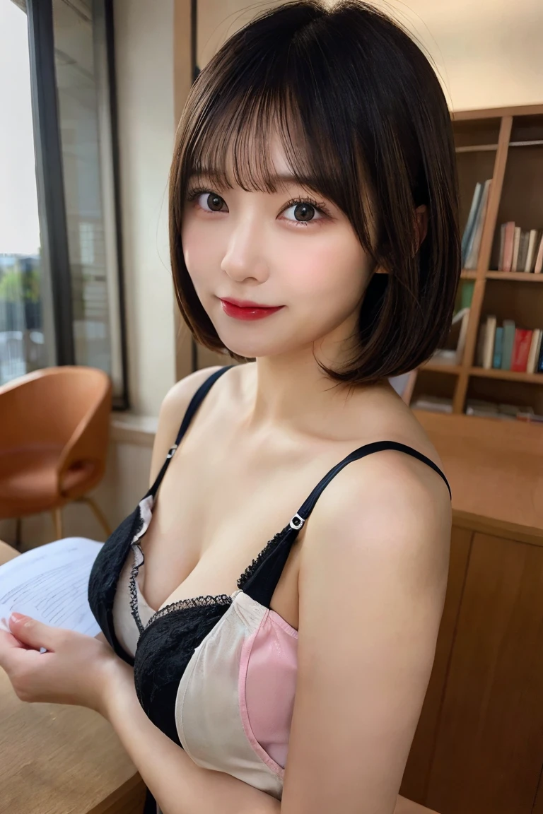 nsfw,one woman,nipples standing out from under clothing,office lady,black lingerie model,rubbing own breast,thin,cute face,moaning,naughty expression,excited,very short hair,black hair,library,high quality,photorealistic,highly detailed,japanese,beautiful woman