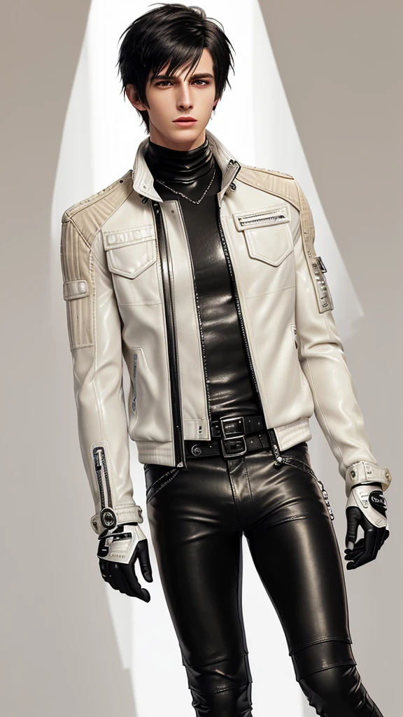 Final fantasy taste and reality graphics, Japanese young cute and cool ikemen boy, his age is early 20s, thin eyebrows and beady eyes, ((he wearing off white color leather thick material jacket)), ((jacket is singlebrest)), biker style jacket, with epaulet, jacket is long sleeve, ((must close the front of the leather jacket)), , ((voluminous leather jacket)), ,((must jacket is high length and stand-up collar)) ((jacket collar with two belts)), ((jacket is a little black color line pattern)),((close the front of the jacket)), ((also wearing black thick material turtleneck lackluster shirts)), ((tight black leather pants)), ((black leather tight and thin glove)), ((black leather knee-high raceup boots)),((must views head-to-toe)),((must views whole body)), ,((Do not show skin from the neck down)),leather jacket leather glove and leather pants have few wrinkles, Avoid showing your innerwear,zip up jacket fastner.must put on a leather glove.
Bous face is expression of ecstasy.
Boy is black hair.boy looks like fashion model.
((Tape wrap gagged)),((beige color packing tape))