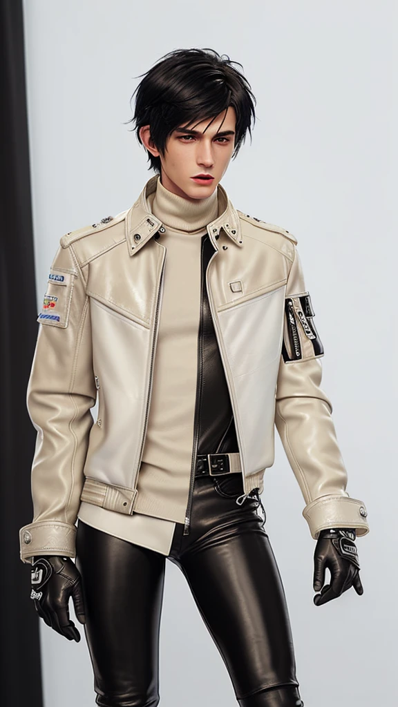 Final fantasy taste and reality graphics, Japanese young cute and cool ikemen  boy, his age is early 20s, thin eyebrows and beady eyes,  ((he wearing off white color leather  thick material jacket)), ((jacket is singlebrest)), biker style jacket, with epaulet, jacket is long sleeve, ((must close the front of the leather jacket)), , ((voluminous leather jacket)), ,((must jacket is high length and stand-up collar)) ((jacket collar with two belts)), ((jacket is a little black color line pattern)),((close the front of the jacket)), ((also wearing black thick material turtleneck lackluster shirts)),  ((tight black leather pants)),  ((black leather tight and thin glove)), ((black leather knee-high raceup boots)),((must views  head-to-toe)),((must views whole body)), ,((Do not show skin from the neck down)),leather jacket leather glove and leather pants have few wrinkles, Avoid showing your innerwear,zip up jacket fastner.must put on a leather glove.
Bous face is expression of ecstasy.
Boy is black hair.boy looks like fashion model.
((Tape wrap gagged)),((beige color packing tape))