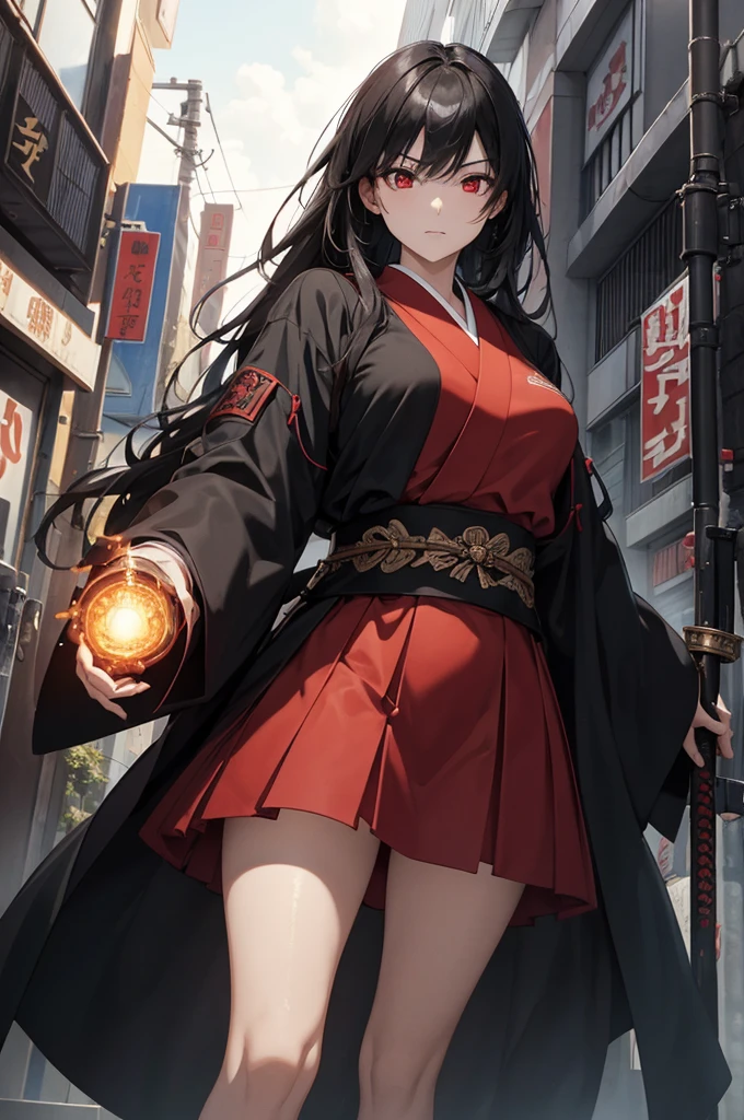 One girl, Japanese , She has long, straight black hair, Red eyes and a look of evil determination. She wears a black and red modern Japanese  and a long black coat. Walking down the street. Holding a sword. The sword is engulfed in flames. Vibrant appearance, Creative Action, Imaginative, , Voluntary, , Highest quality, Skin Texture, Intricate details, (Cinema Lighting), RAW Photos, 8k, masterpiece,Highest quality,Very detailed,Very detailedイラスト,Very detailed,Intricate details,High resolution,非常にIntricate details,Very detailed 8k cg wallpaper