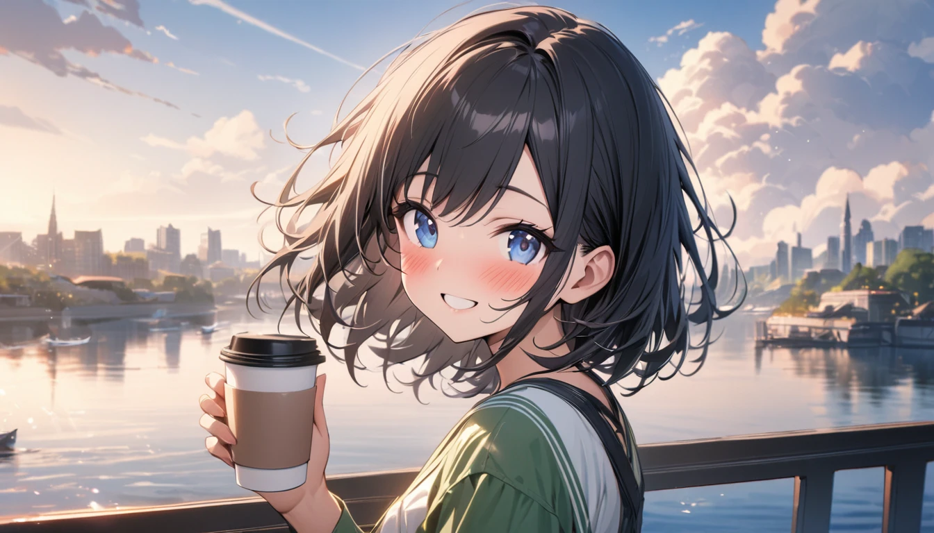 beautiful 1girl, solo, gentle smile on her face flat chest, short hair, black hair, beautiful blue eyes, ((masterpiece)),(((bestquality))),((ultra-detailed)), 1 girl, Beautiful, black hair, happy, blush kind smile, solo, The sky morning, looking to viewer, soft green, city, lake, ship, holding a coffee cup BREAK.