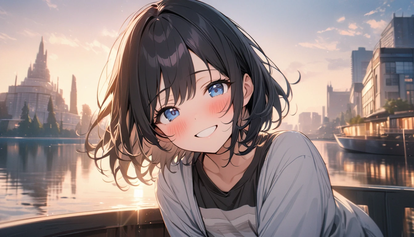 beautiful 1girl, solo, gentle smile on her face flat chest, short hair, black hair, beautiful blue eyes, ((masterpiece)),(((bestquality))),((ultra-detailed)), 1 girl, Beautiful, black hair, happy, blush kind smile, solo, The sky morning, looking to viewer, soft green, city, lake, ship, holding a coffee cup BREAK.