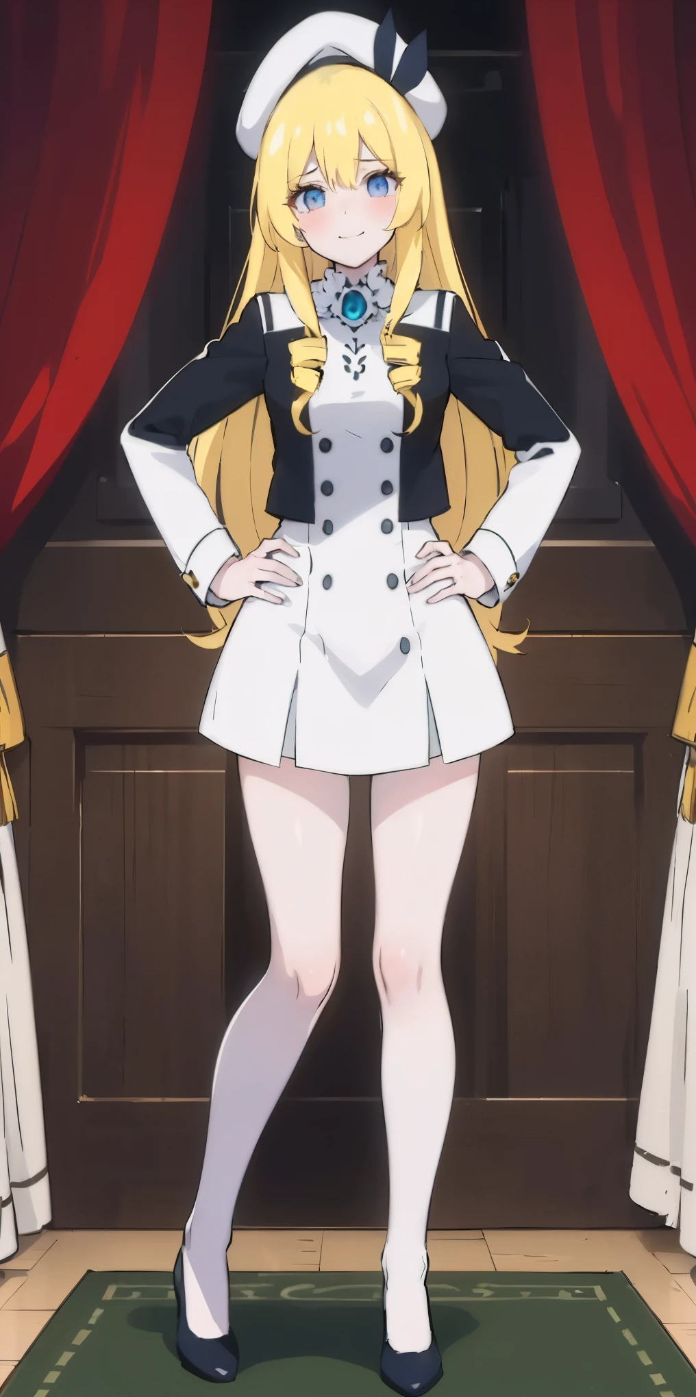 (4k, ultra high resolution, Prominence in Masterpiece, High Quality, Best Quality: 1.2) full body, 1 female, solo, 1girl, 1woman, lustful smirking smile blush, looking at viewer, sitting, blonde hair, long hair, (black jacket), beautiful and detailed face, detailed eyes, looking at the viewer (grey theme) close jacket (aesthetic clothing) hands on hips, wide hips, blonde long hair, blonde drill hair, blonde twin drills hair, blue wizard hat, Handcuffs on their hands, With a collar around the neck