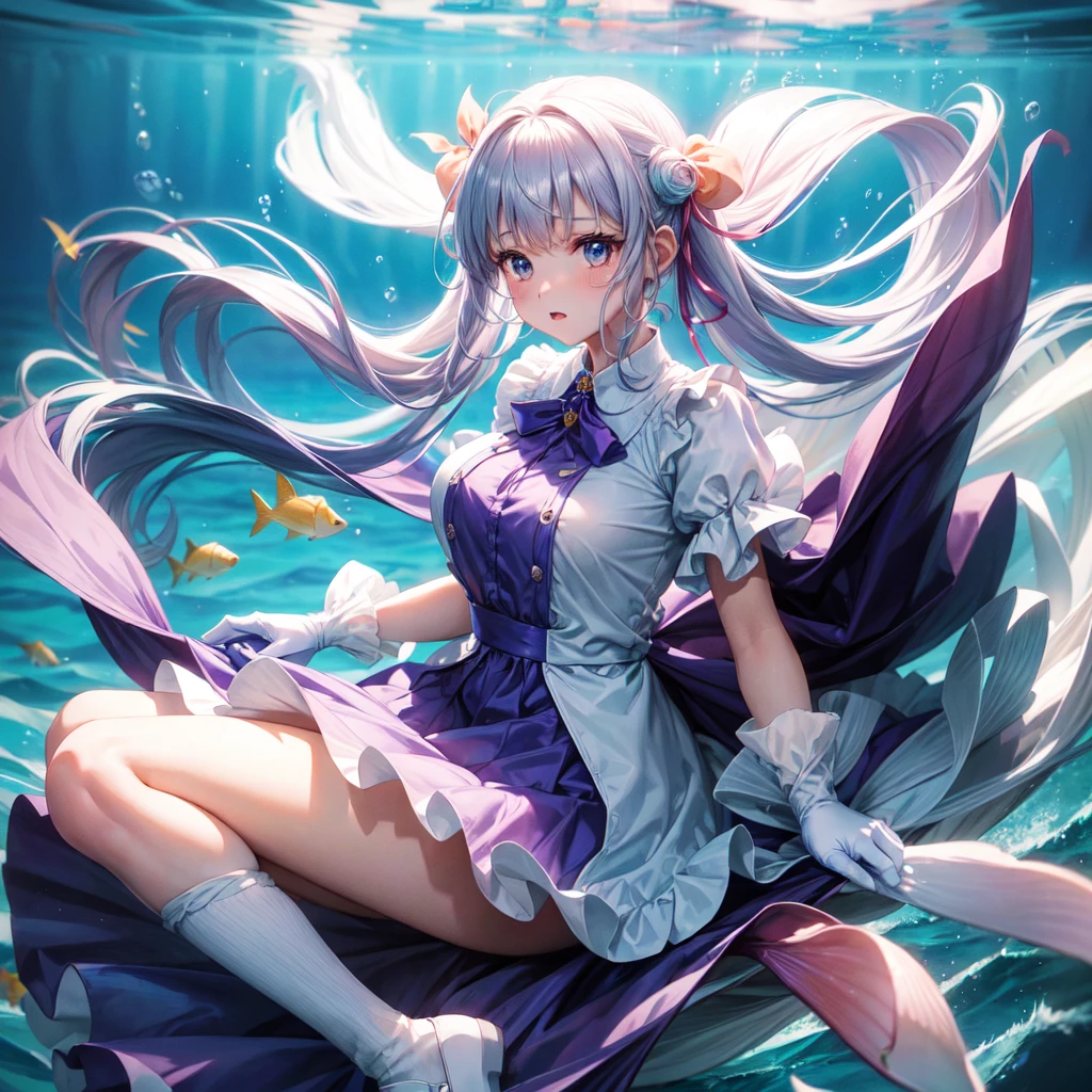 1 girl, peach ribbon-tied long hair, wearing fish design purple dress with huge bluish ribbon on chest, white gloves, white long socks, blue shoes, falling under the ocean, high res, ultrasharp, 8k, masterpiece