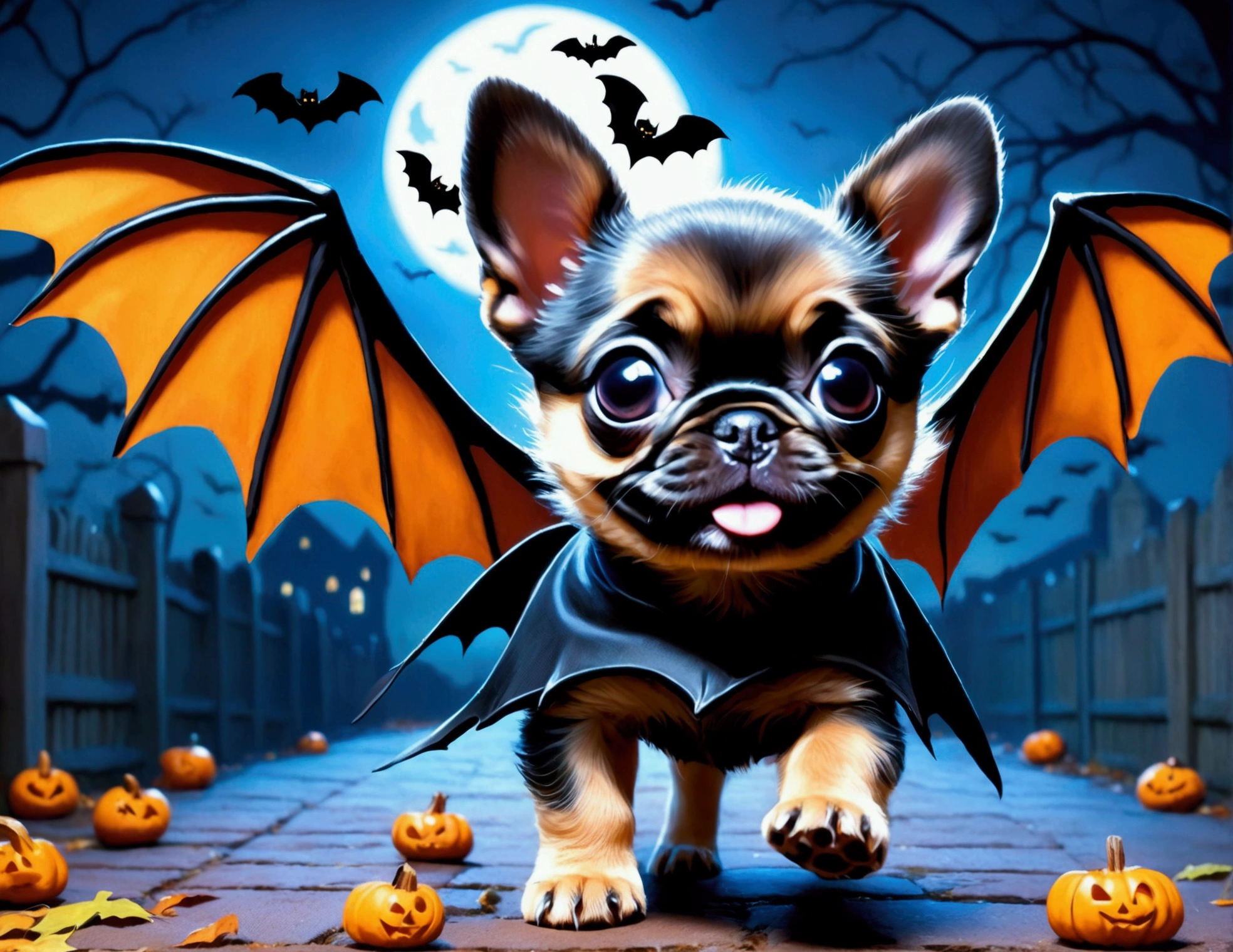 A puppy with bat wings, Halloween night, looking cute as he chases a in a princess costume