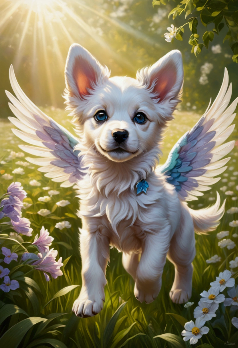 (Ultra detailed), a breathtaking and intricately crafted full-size portrait of a stunning female anthro flying puppy, punctuated by her vibrant fur and captivating eyes. The puppy's wings are a magnificent display of fine detail, each feather individually rendered and shimmering under the soft light. The setting is a serene and dreamlike scene, with the puppy soaring above a picturesque meadow, dappled with sunlight filtering through dainty flowers and leaves. The puppy's body is lean and athletic, with a playful and cheerful expression on her face. The portrait is rendered in a style that evokes a sense of whimsy