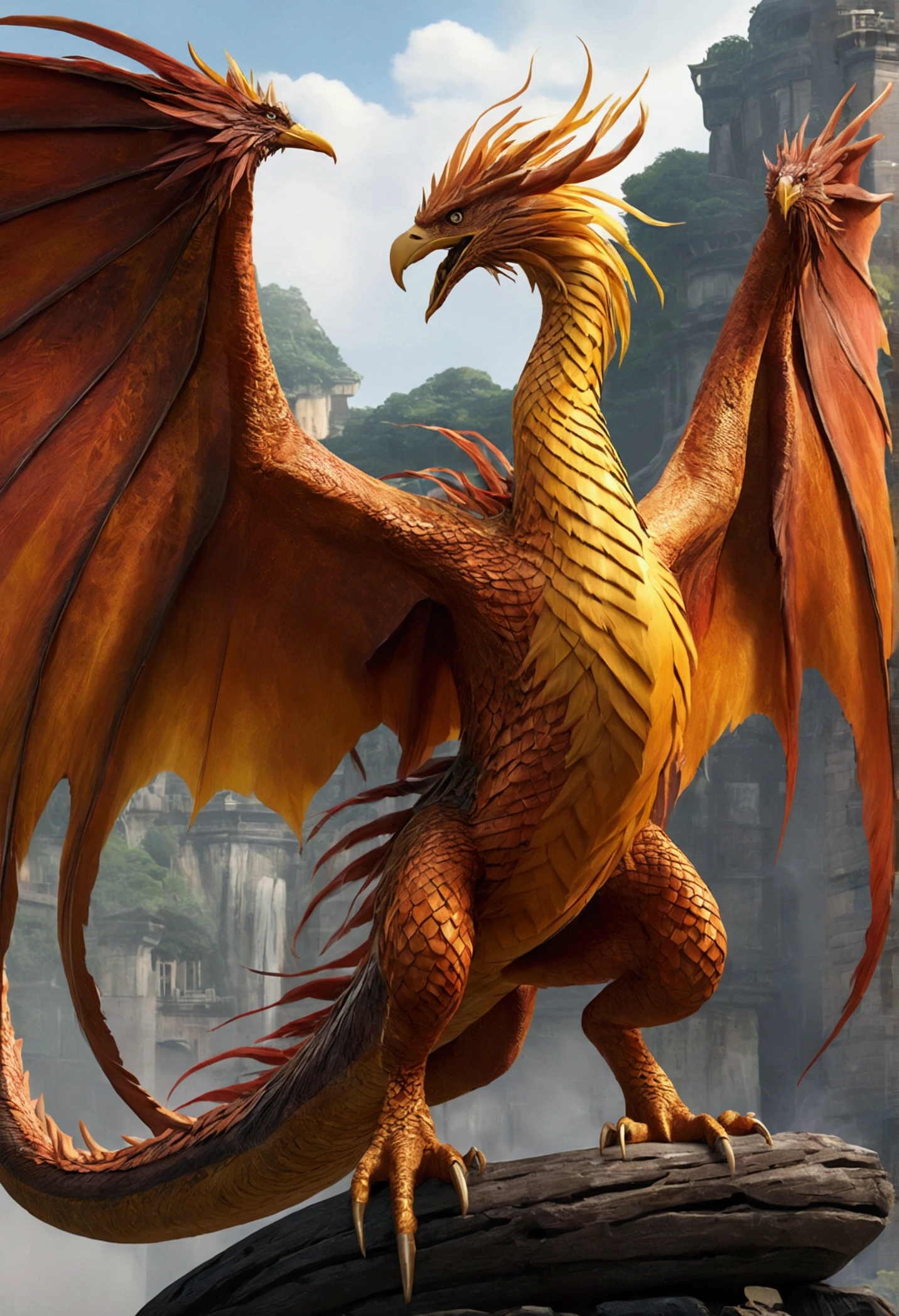 ((Highest quality)), ((masterpiece)), (detailed), One giant dragon+Giant bird feather+Bird face+spirit+Phoenix+Body of Flame+Super long snake body+Big bird-like tail+No legs

