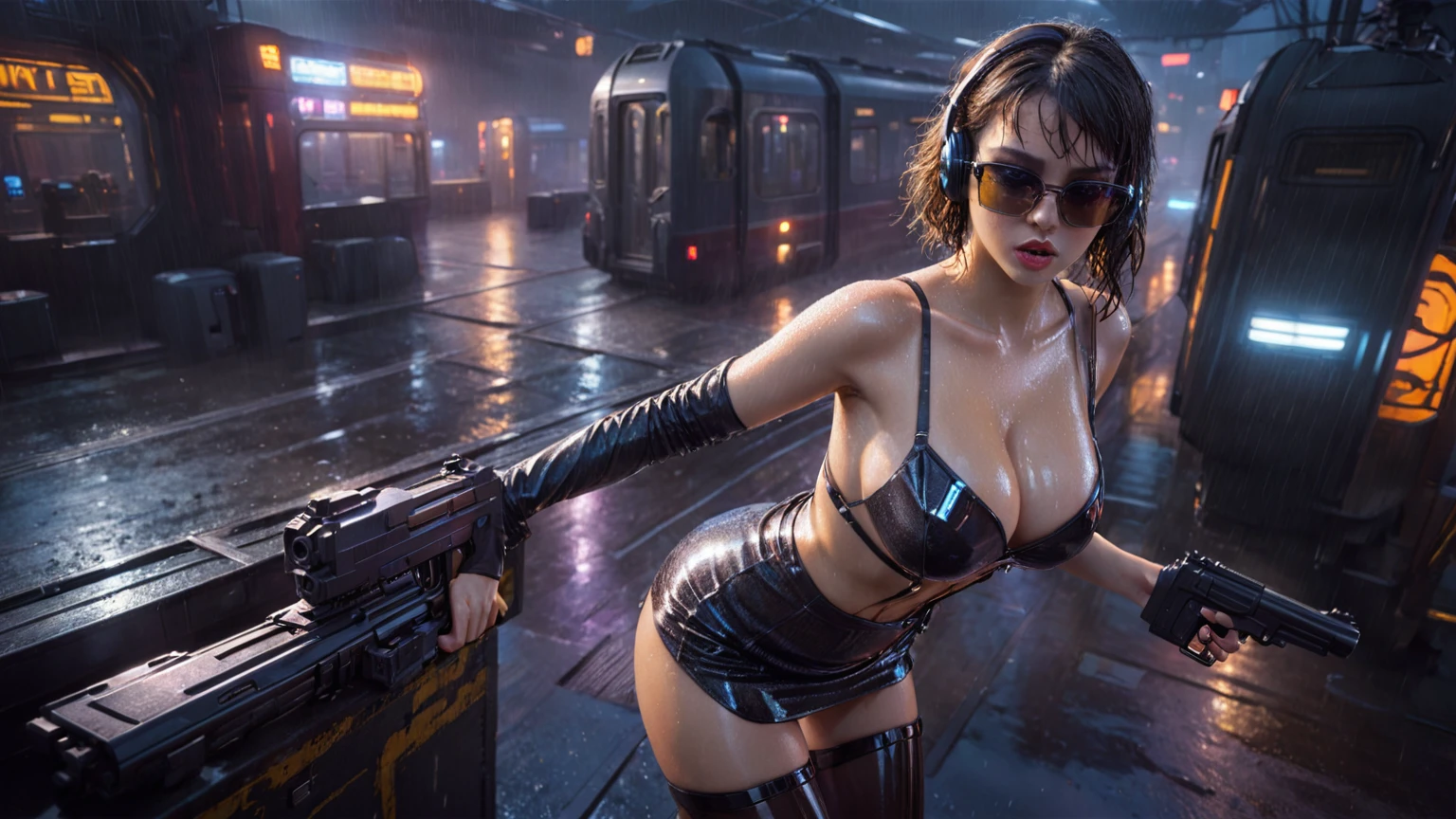 (((aerial view))), Blade Runner style futuristic railway platform, hi-tech train, neon lights, rainy night. (1girl, solo, alone), large-breast:1.2 slim body, cleavage:1.1, sexy wind blowing wet dress:1.4, headphone, (black sunglasses), (((she raised a pistol:1.8 and shot:1.8 the viewer))), dynamic pose, (((half-body thigh level medium shot))), cinematic lighting, lens flare, ray tracing, blurred:1.4 background.