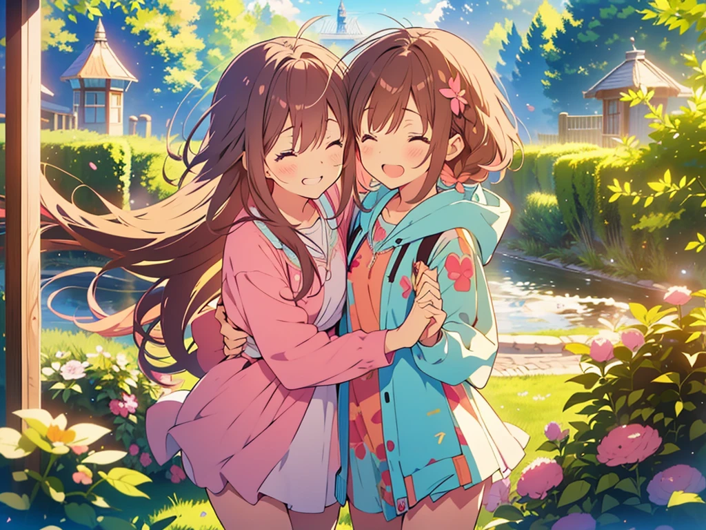 kawaii, anime, Cute, hyper quality, highly detailed, 8k, Clarity, Two girls with brown hair and pink hair, One person has long dark brown hair and green eyes., The other is a young girl with a bright pink short bob and scarlet eyes., Hug each other in Europe's natural water gardens, shed tears, A touching reunion, warm atmosphere, clear blue sky, jump on, whole body, clear air, planted flowers and greenery, Draw facial expressions in detail, highlight on eyes, Close your eyes and cry and laugh, pull perspective, hoodie, Uplifting, jump and hug, Draw the whole body of both of them, light dances, pink hair, Netherlands, pick up a , A small butterfly of light dances,