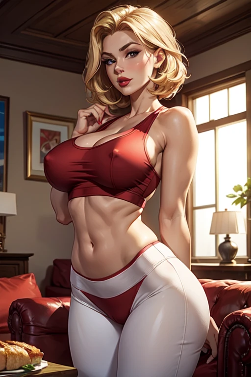 work of art, ,(standing alone:1.1), face perfect, (bright lighting:1.2),beautiful detailed eyes, extreme detailed face, perfect lighting,work of art, best qualityer, ((Woman madura)), ((large breasteds))((with neckline)), 30 year old woman, 1 girl, red lips, Blonde Short, slickedback hair ,provocative, to provoke, lips, lipstick, red lips, red lipstick, milf, large breasted , ssmile, Woman, bold lips, thick lips, very tight cotton pants,color red,white tank top, whole body barefoot,dining room living room,practicing yoga