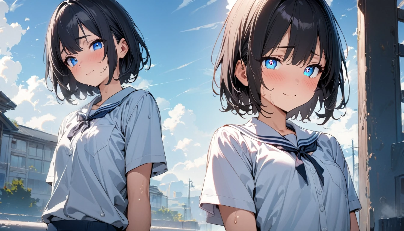 1girl, solo, blue eyes, (detailed eyes), gentle smile on her face flat chest, short hair, black hair, (masterpiece), (best quality), (ultra-detailed), (best illustration), (absurdres), Female, 25 years old, oily, steam, shy, light smile, Under the blue sky and white clouds，, school clothes,