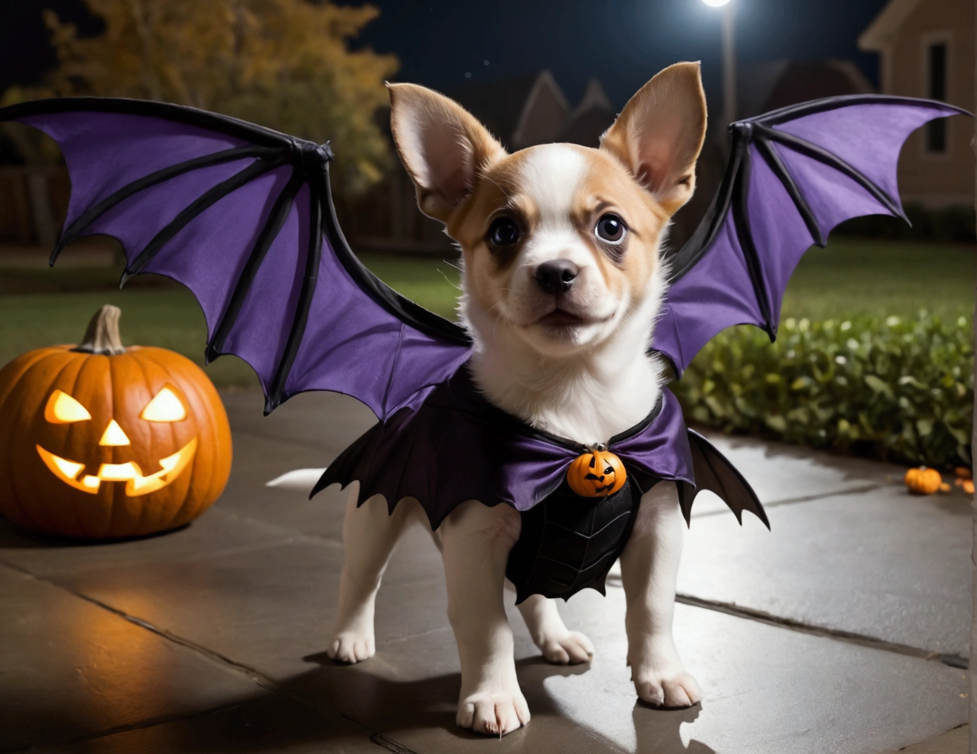 A puppy with bat wings, Halloween night, looking cute as he chases a in a princess costume
