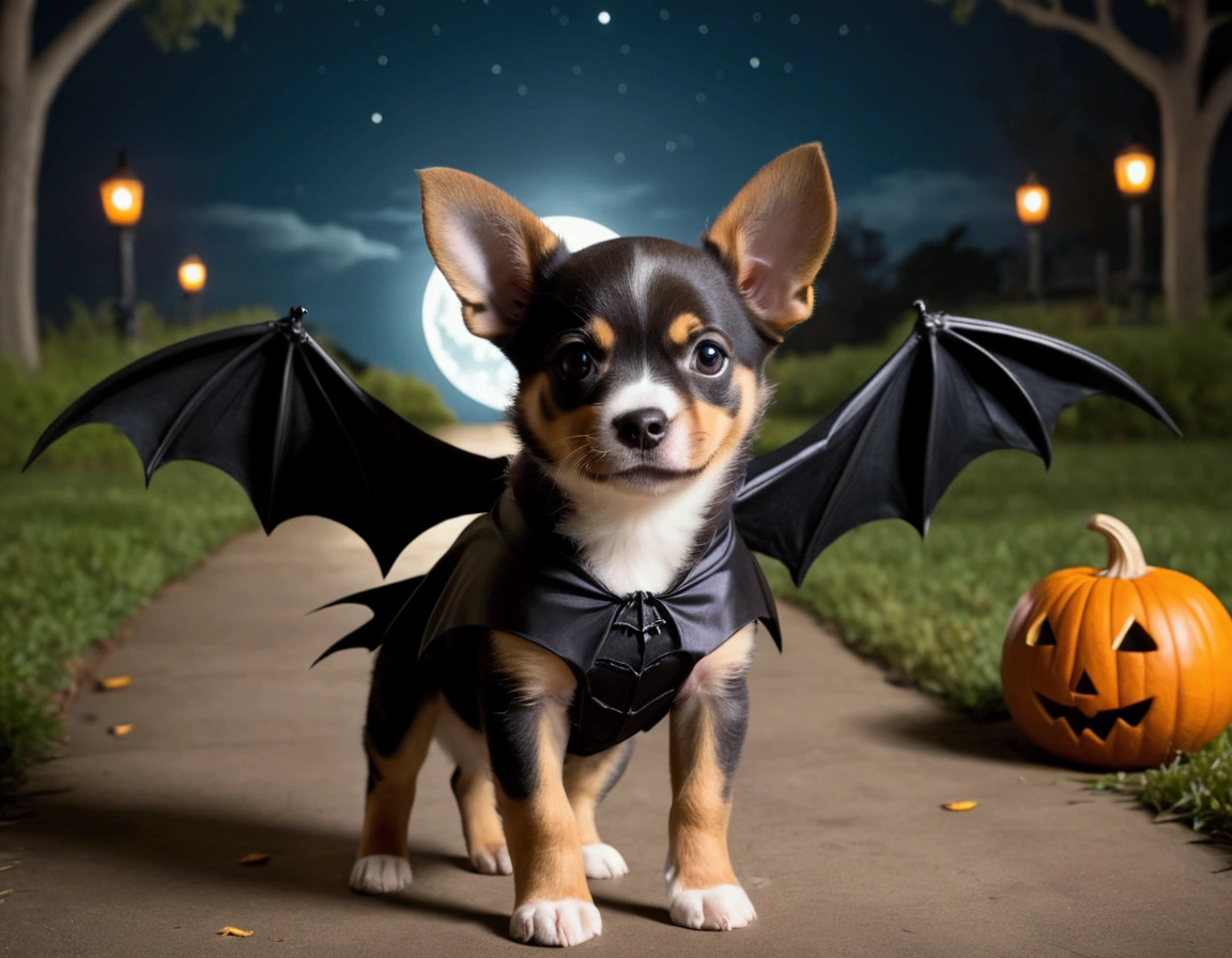 A puppy with bat wings, Halloween night, looking cute as he chases a in a princess costume
