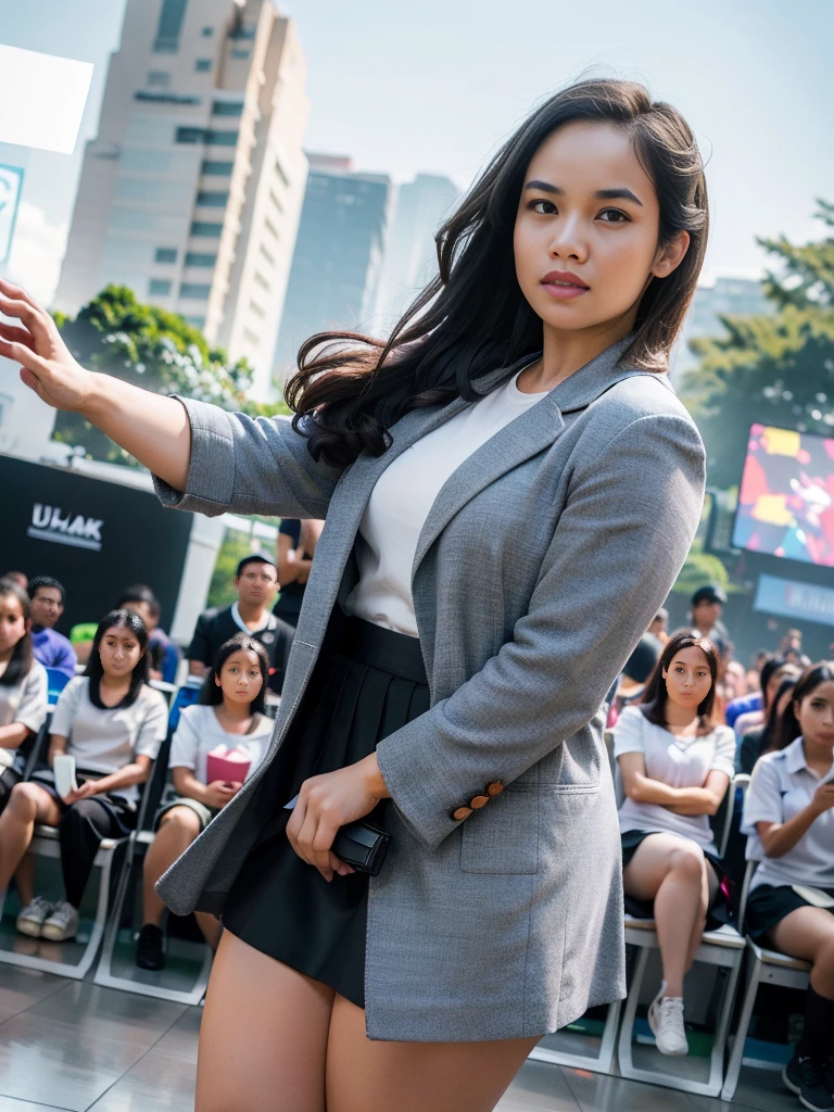 1girl, solo, (Indonesian_high_school_uniform), standing, outdoors, (ultra wide angle shot: 1.4), beautiful scenery, detailed face, detailed eyes, thick breasts, fitness body, smooth skin, tight white shirt, grey blue short skirt, (looking at the audience:1.4), low angle shot, wearing open black long coat, (8k, RAW photo, best quality, masterpiece: 1.2), (realistic, realistic: 1.37), ultra-high resolution