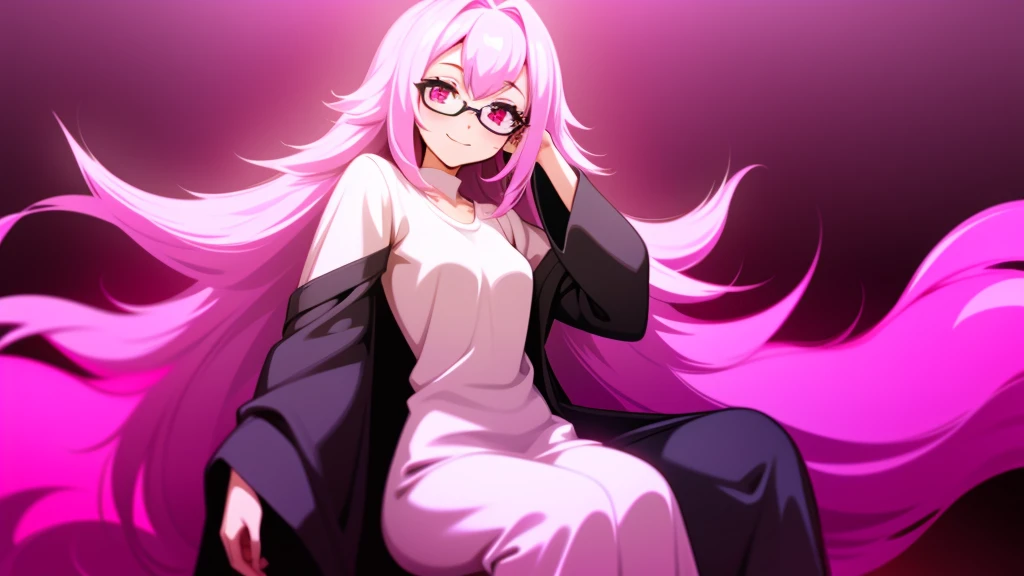 Smiling girl with long pink hair and black prescription glasses pink eyes sitting