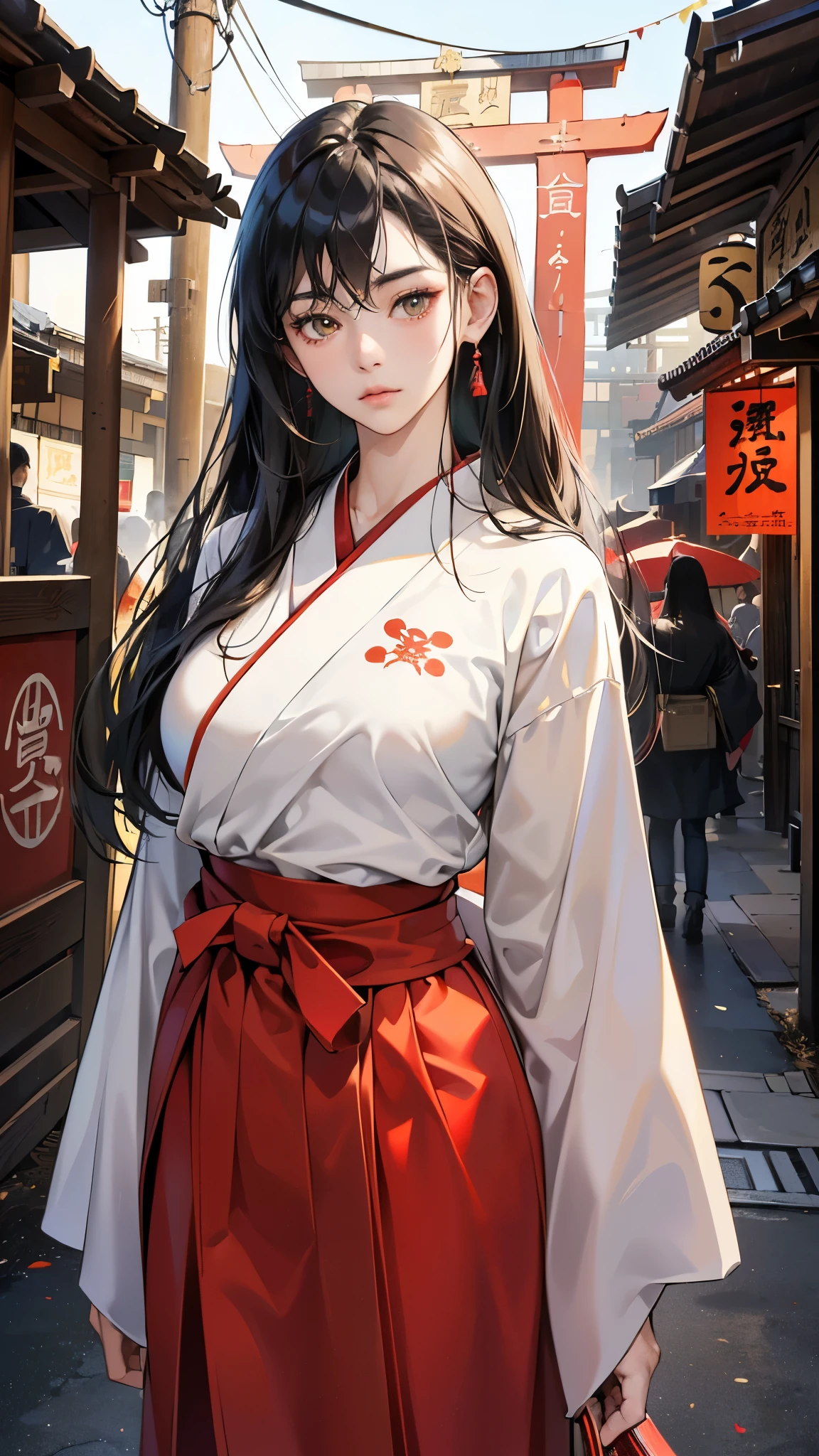 (perfect anatomy:1.2)(absurdres, highres, ultra detailed),masterpiece,best quality,high resolution,8k,Realistic face,Realistic skin texture,magnified textures, stunning clarity,detailed anime girl,(ultra detailed eyes and face),15 years old,black long hair,pale skin,Japanese shrine maiden, mysterious eyes,shrine maiden clothes,(white kimono),(The red long hakama),thin body type,big breasts,,(expressionless:1.2),Steampunk in the Edo Period、(Vivid hieroglyph signs and street advertisements:1.2)、silence、autumn、hieroglyph,souk、Ancient Egyptian statues、Shopping Street,,look at viewer,(from front:1.3),Delicate atmosphere、,cowboy shot,arms down、Looking at the viewer