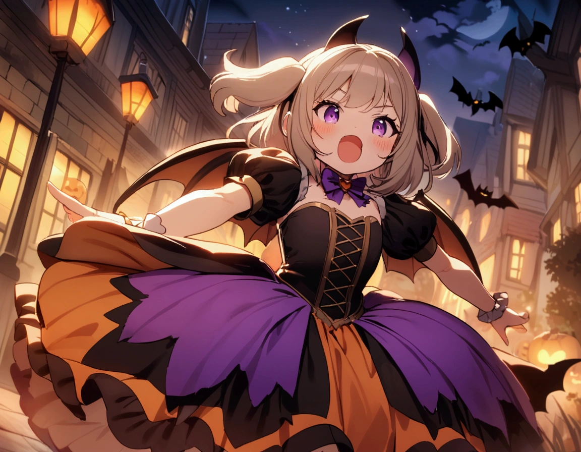 A puppy with bat wings, Halloween night, looking cute as he chases a in a princess costume