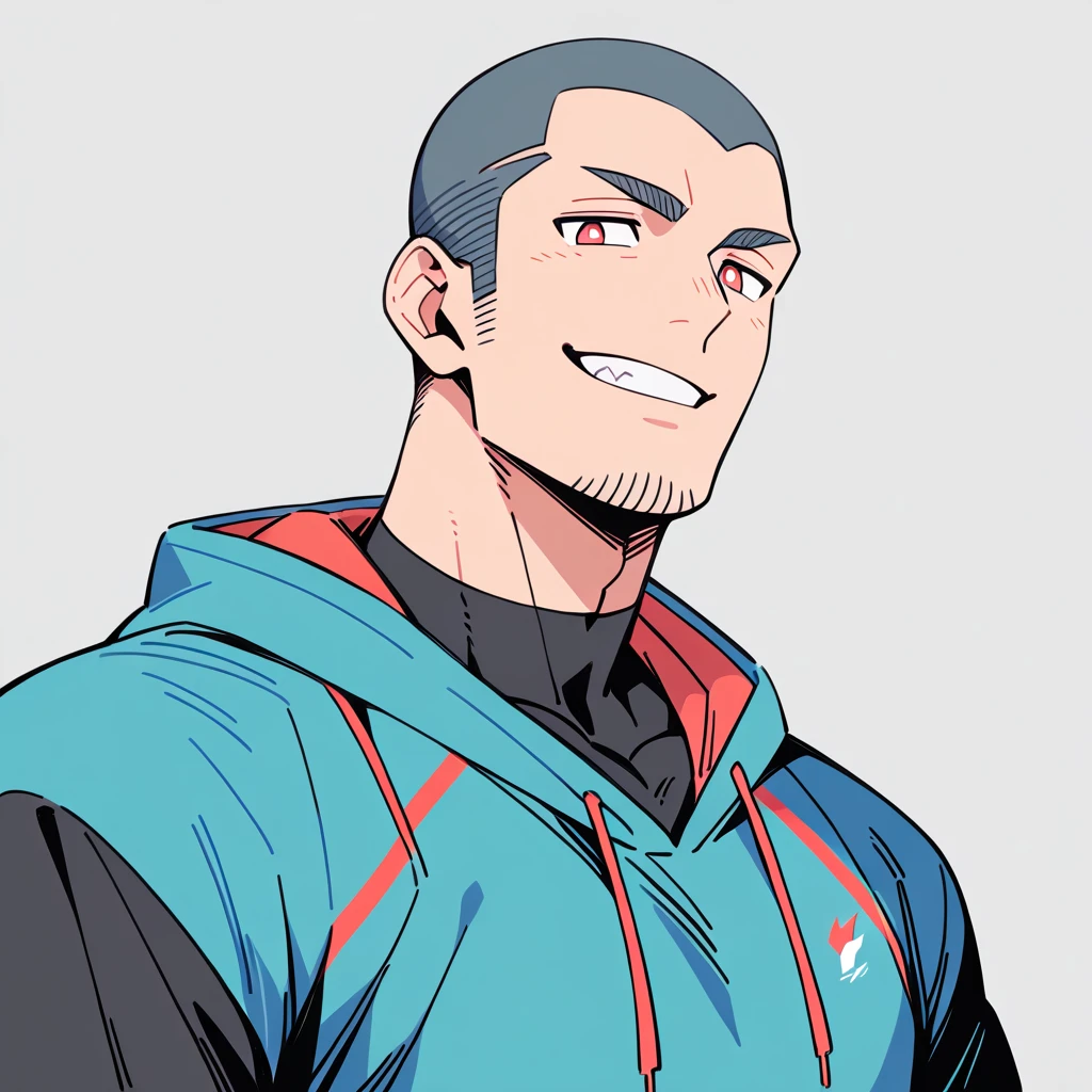 anime characters:Priapus, Muscle Sports Student, Buzz Cut, Manliness, male focus, Sports tight hooded sweatshirt, Wear a high-necked tights underneath, Very tight, full and perky chest muscles, muscular male, muscular, only, Upper body, alone, Red short hair, Thick eyebrows, stubble, Brown-red pupils, White background, simple background, amazing quality, best aesthetics, Ridiculous, crew cut, smirk, bright pupils, grin, negative space, negative space, best quality
