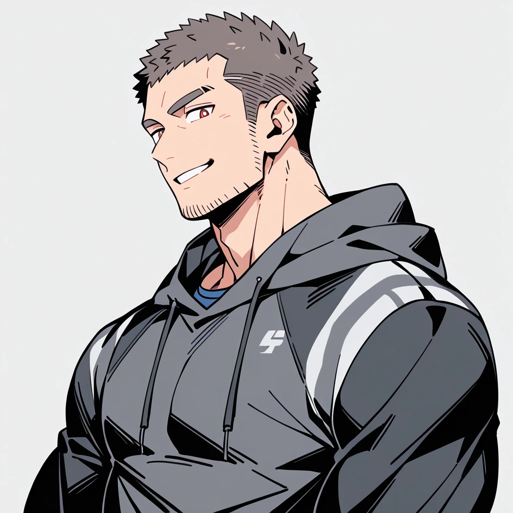 anime characters:Priapus, Muscle Sports Student, Buzz Cut, Manliness, male focus, Sports tight hooded sweatshirt, Wear a high-necked tights underneath, Very tight, full and perky chest muscles, muscular male, muscular, only, Upper body, alone, Red short hair, Thick eyebrows, stubble, Brown-red pupils, White background, simple background, amazing quality, best aesthetics, Ridiculous, crew cut, smirk, bright pupils, grin, negative space, negative space, best quality