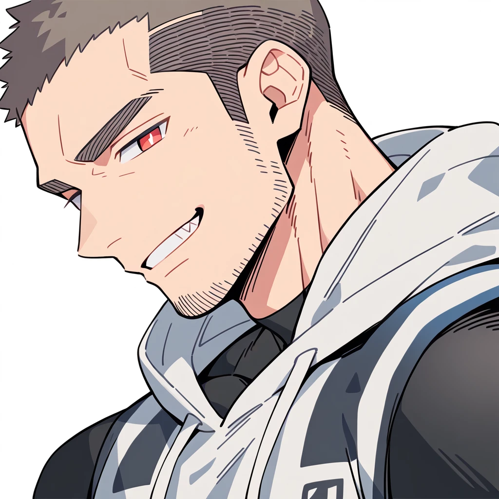 anime characters：Priapus, Muscle Sports Student, Buzz Cut, Manliness, male focus, Sports tight hooded sweatshirt, Wear a high-necked tights underneath, Very tight, full and perky chest muscles, muscular male, muscular, only, Upper body, alone, Red short hair, Thick eyebrows, stubble, Brown-red pupils, White background, simple background, amazing quality, best aesthetics, Ridiculous, crew cut, smirk, bright pupils, grin, negative space, negative space, best quality