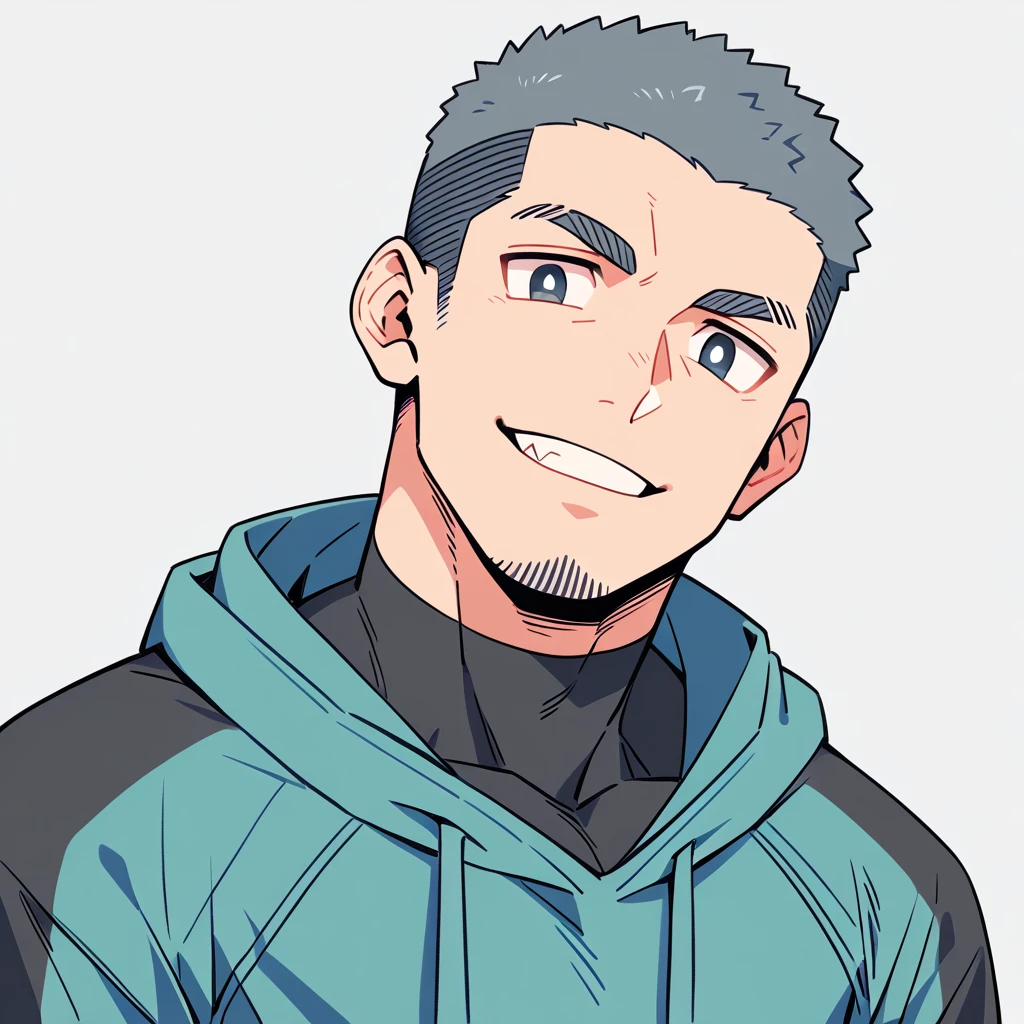 anime characters:Priapus, Muscle Sports Student, Buzz Cut, Manliness, male focus, Sports tight hooded sweatshirt, Wear a high-necked tights underneath, Very tight, full and perky chest muscles, muscular male, muscular, only, Upper body, alone, Red short hair, Thick eyebrows, stubble, Brown-red pupils, White background, simple background, amazing quality, best aesthetics, Ridiculous, crew cut, smirk, bright pupils, grin, negative space, negative space, best quality