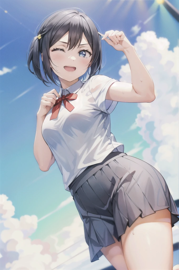 (Highest quality, masterpiece:1.2), One Girl, alone, anime, anime screencap, Ray Tracing, Global Illumination, ultra hi resolution picture, Bright colors, Cinematic Light, Lens flare, Light on the face, Glowing Eyes, Written boundary depth, Happy, Detailed Background, cute, straight, smile, View your audience, Outdoor, null, cloud,
Yuki Setuna, Cowboy Shot,short hair,Sweatかいた手,Sweatかいた足,Sweatかいた指,Sweatかいた体,Sweat垂れる,Sweatびしょ濡れ,顔Sweatだく,Sweatかいたつや肌,髪の毛Sweatだく,hot,手Sweat,足Sweat,素肌Sweat,脇Sweat,White Breath,Sweat臭い,Stuffy smell,とてもSweatかいている,気体からSweat,Sweat(masterpiece:1.4),Smooth skin,Her bare skin is shining,Sweatの匂い,口Sweat,Shine,Fascinating,ShineSweat,Sweat濡れ,顔Sweatですべすべ,Combat Status,Fighting,Being touched