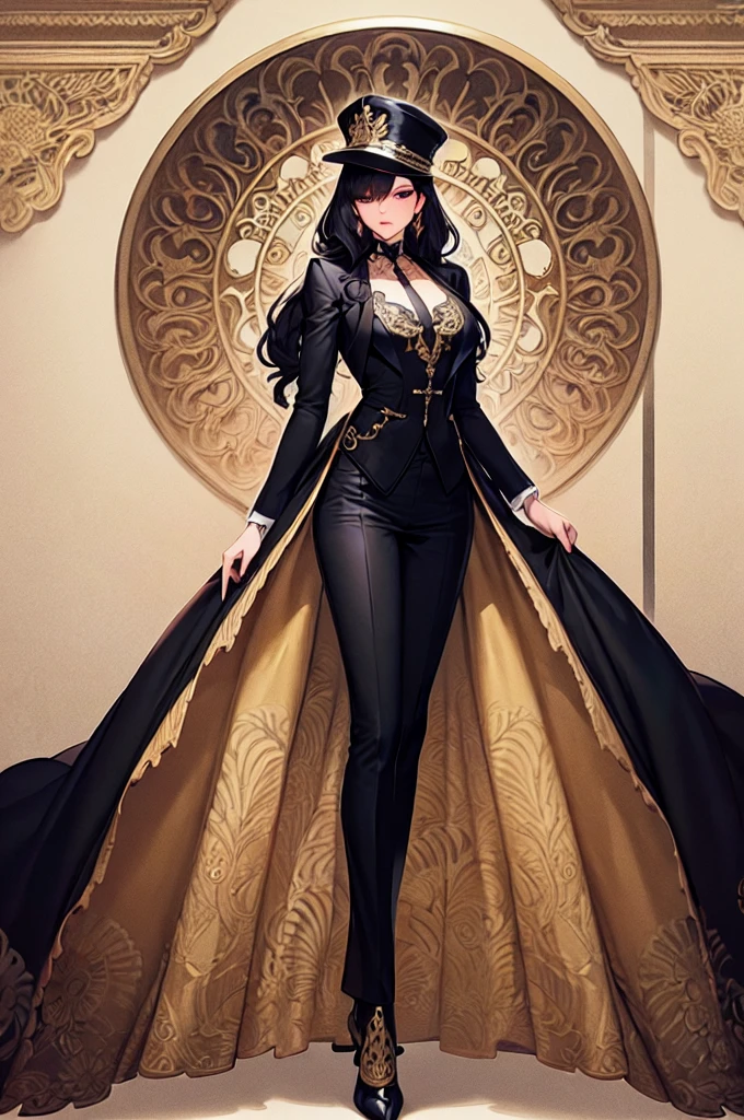 a drawing of a woman in a suit and hat, wearing an ornate suit, focus on art nouveau suit, intricate suit, detailed fashion illustration, style of kilian eng, ornate black tuxedo, intricate costume design, full body illustration, ornate back tuxedo, tuxedo, detailed full body portrait, in clothes! intricate, wearing fashion suit, wearing a stylish men's suit