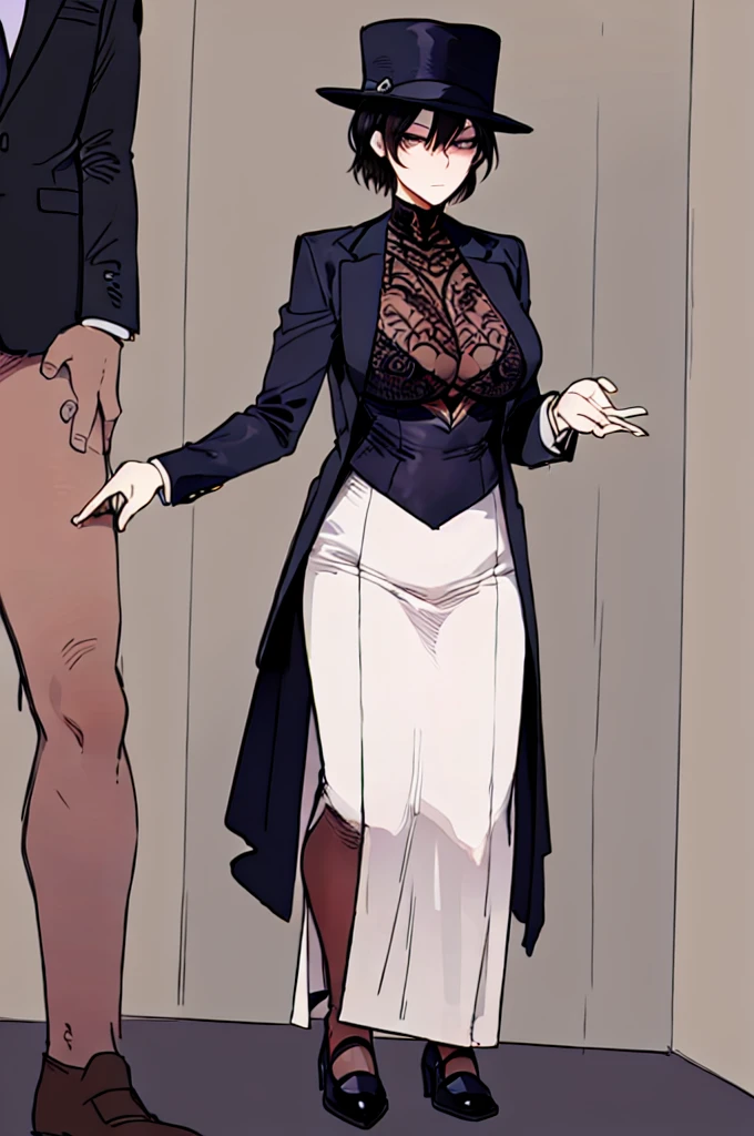 a drawing of a woman in a suit and hat, wearing an ornate suit, focus on art nouveau suit, intricate suit, detailed fashion illustration, style of kilian eng, ornate black tuxedo, intricate costume design, full body illustration, ornate back tuxedo, tuxedo, detailed full body portrait, in clothes! intricate, wearing fashion suit, wearing a stylish men's suit, ((ratatatat74))