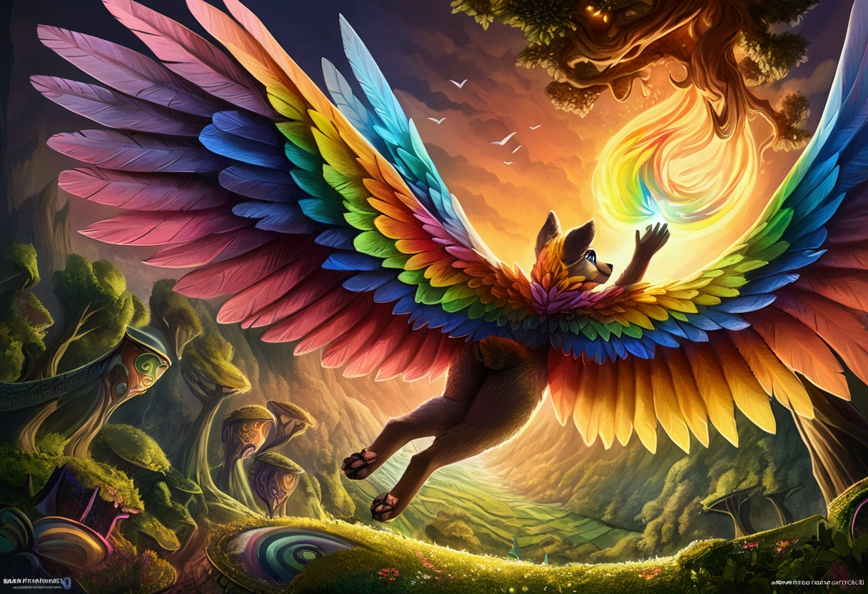 (ultra detailed), a striking and captivating full-size portrait of a female anthro flying puppy, with wings as colorful as a rainbow, soft and fluffy fur, bright, sparkling eyes filled with curiosity, posed mid-flight, suspended in mid-air, showcasing her playful nature, with a pair of small paws balanced delicately, detailed background depicting a whimsical and fantastical forest landscape, with hidden treasures and mysterious creatures, trending on artstation, cenematic lighting, an enchanting aura surrounding her, detailed eyes, a hint of a smile, showcasing her innocence and joy