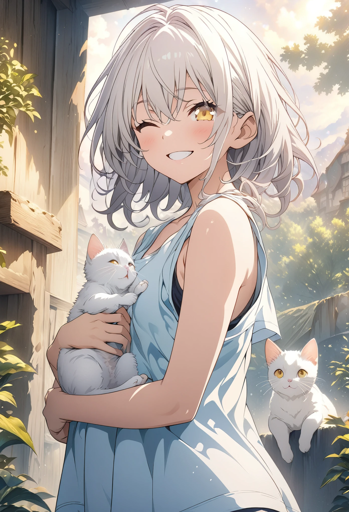 masterpiece, Highest quality, Highly detailed CG Unity 8K wallpapers, High School Girl Anime Illustration. Wear an oversized tank top、Standing in honorポーズをする、she has her eyes closed and mouth open, smile. The background is a light pastel colored landscape.., white hair color, Yellow Eyes, With a kitten, Cowboy Shot