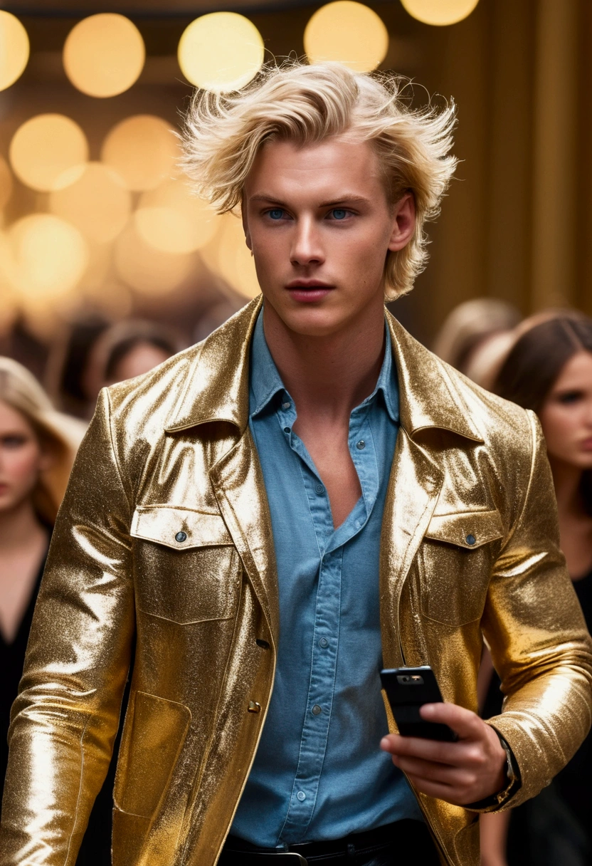 photo of a beautiful and stunning Australian man, blue colored eyes, short light blonde hair, messy and windy, shaking hair, close up zoomed in tight cropped portrait, walking through a (catwalk in a fashion show scene models people:1.2) wearing an (designer casual clothes:1.3) (Expensive cell phone in hand:1.3) (Lighting-Gold:1.2) background details of foreground objects (work of art:1.2) (photorrealistic:1.2) (bokeh:1.2) (best qualityer) (color grading) (skin detailed:1.3) (Intricate) (8k) (HDR) (cinematic lighting:1.3) (sharp focus), cabelo messy and windy