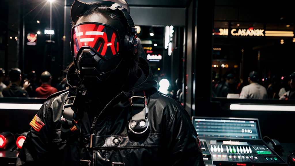 DJ AND ELECTRONIC PRODUCER MAN WITH FULLY COVERED BLACK REALISTIC PIG HEAD MASK PIG HELMET, CASCO DE MARRANO MASK PIG FUTURISTIC
