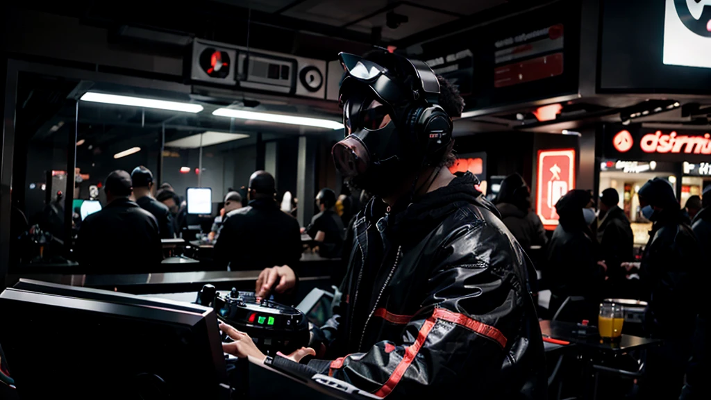 DJ AND ELECTRONIC PRODUCER MAN WITH FULLY COVERED BLACK REALISTIC PIG HEAD MASK PIG HELMET, CASCO DE MARRANO MASK PIG FUTURISTIC