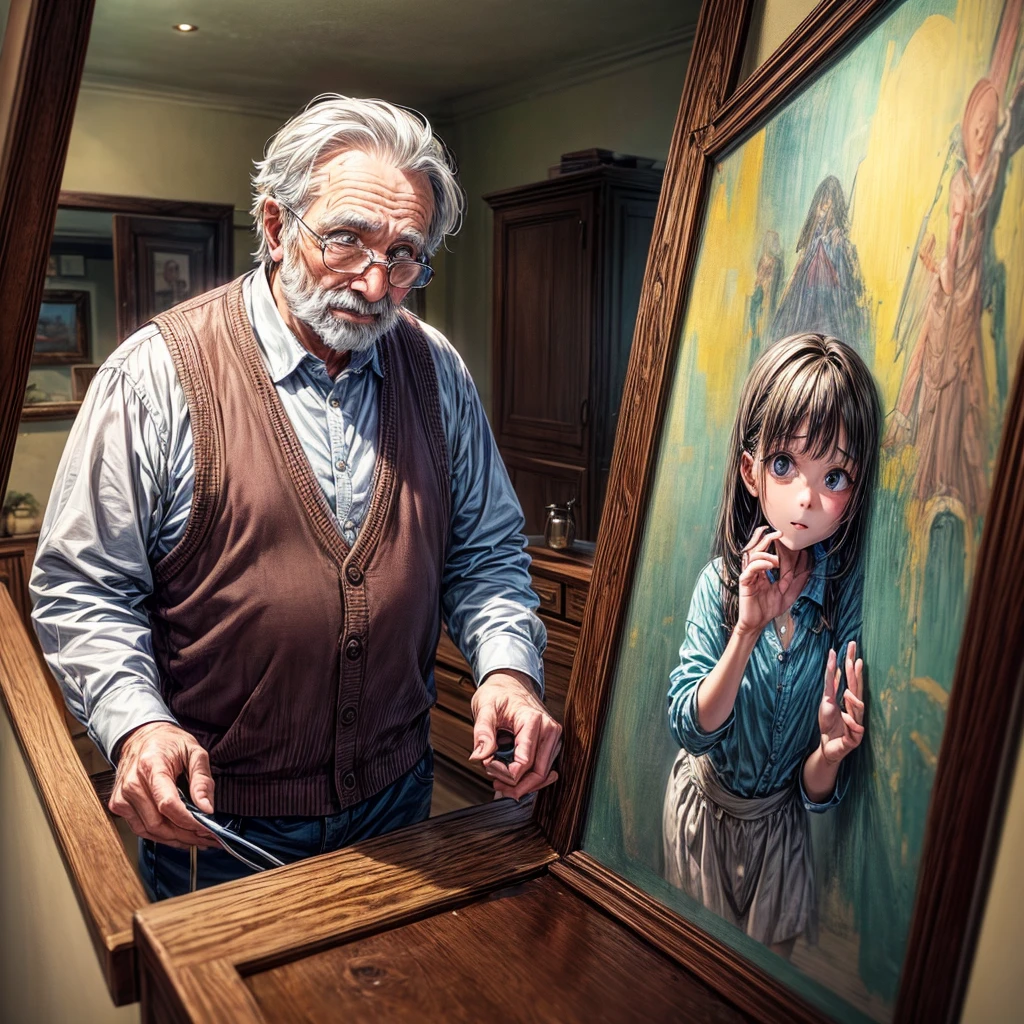 Old man notices that a has entered his premises and is looking at his paintings in wonder., The man looks a little tired but he is happy and the girl is amazed and wondering how he does it.