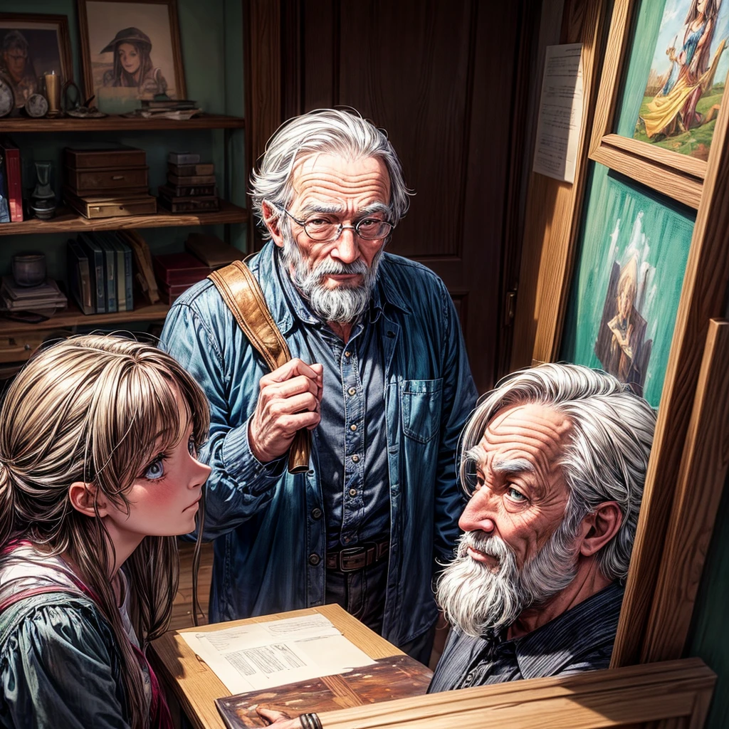 Old man notices that a  has entered his premises and is looking at his paintings in wonder., The man looks a little tired but he is happy and the girl is amazed and wondering how he does it. 
