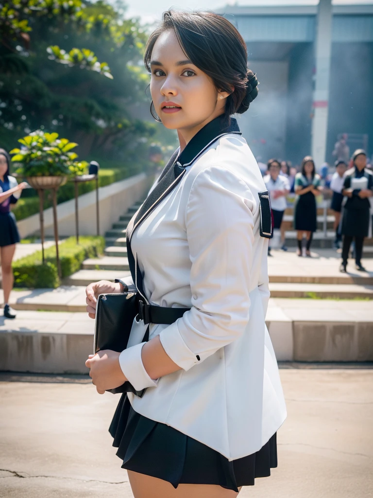 1girl, solo, (Indonesian_high_school_uniform), standing, outdoors, (ultra wide angle shot: 1.4), beautiful scenery, detailed face, detailed eyes, thick breasts, fitness body, smooth skin, tight white shirt, grey blue short skirt, (looking at the audience:1.4), low angle shot, wearing open black long coat, (8k, RAW photo, best quality, masterpiece: 1.2), (realistic, realistic: 1.37), ultra-high resolution