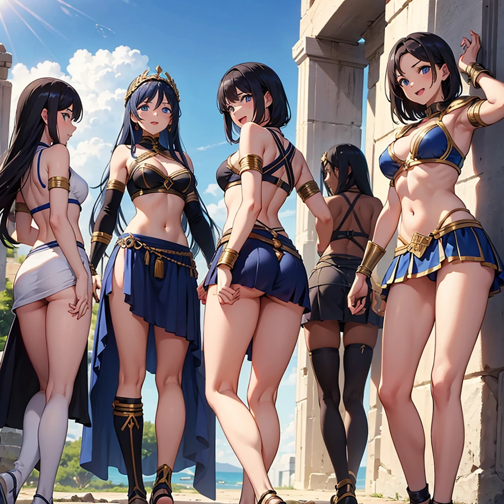 a group of pretty Greek warriors looking from behind, showing their butts in a flirtatious way, smiling , muscular  girl , small breast , marked abdomen, ,brown skin, ancient Greece, classical Greece, black armor ,slim body, defined abdomen , warrior woman, l ight armor, black hair, breasts, navel, blue eyes, looking at viewer, outdoors, smile, armlet, cleavage, open mouth