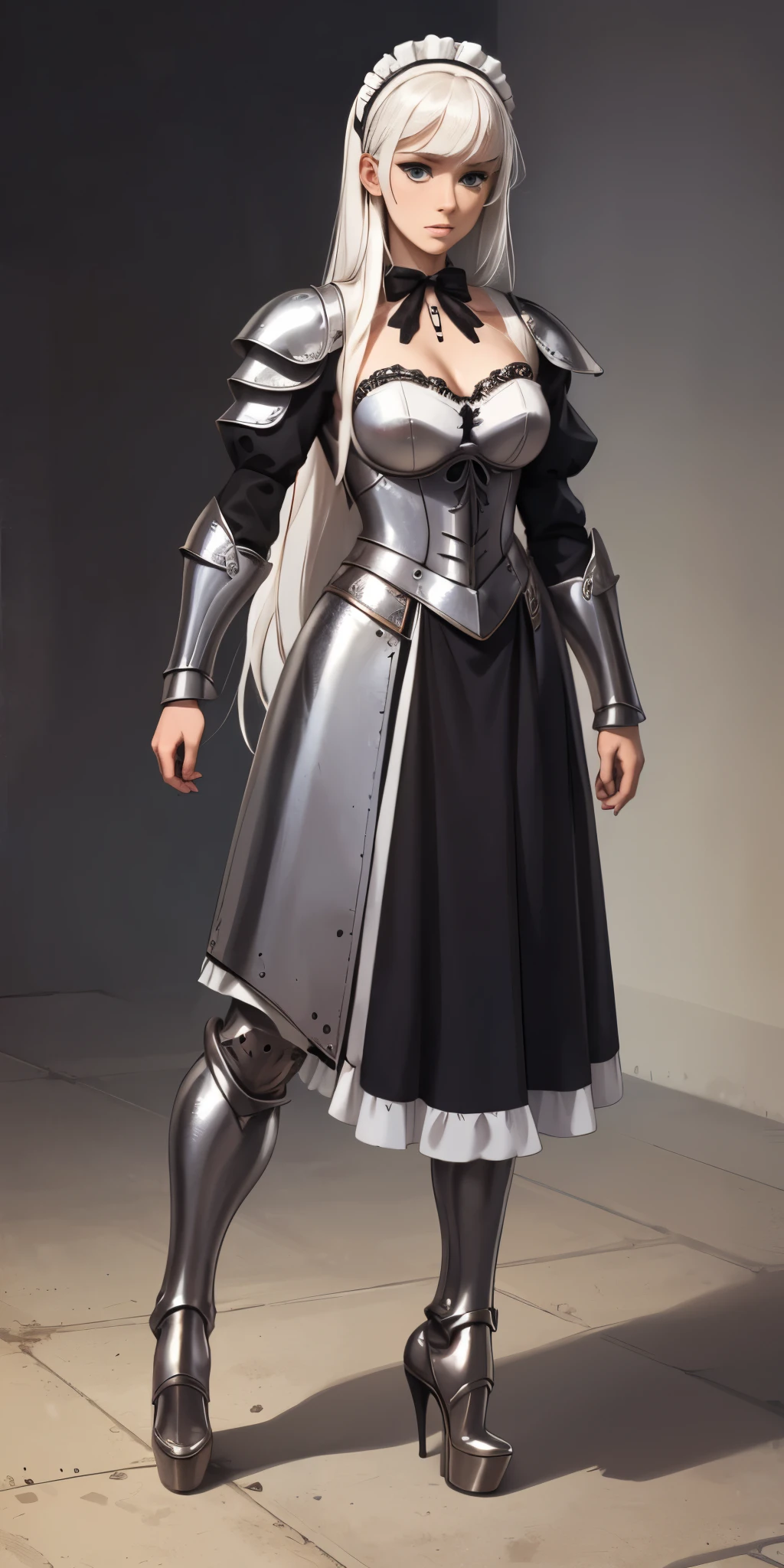 female, standing, right, long_hair, disordered_hair, white_hair, maid in armor, metallic high heels