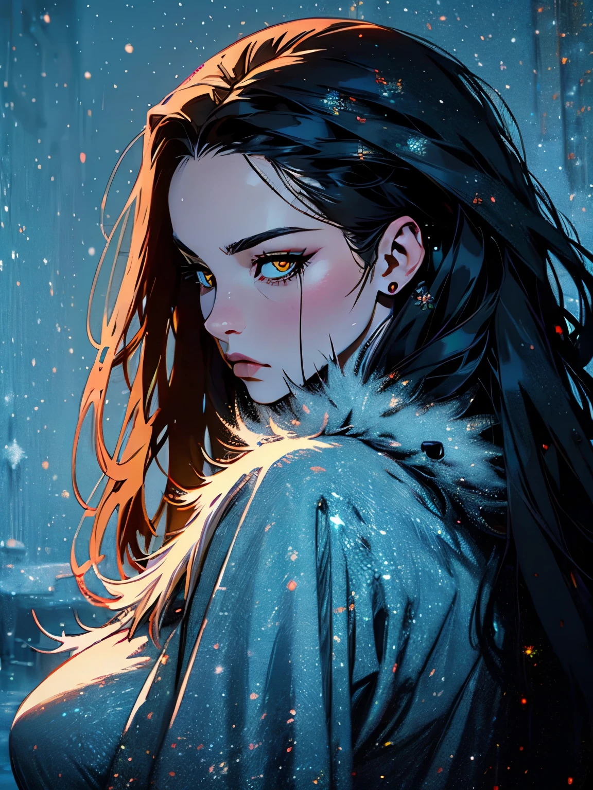 hyper-realistic of a mysterious woman with flowing dark hair, piercing yellow eyes, backwards, looking back, upper body, (snow background), (winter clouthes), (fur), (mature)