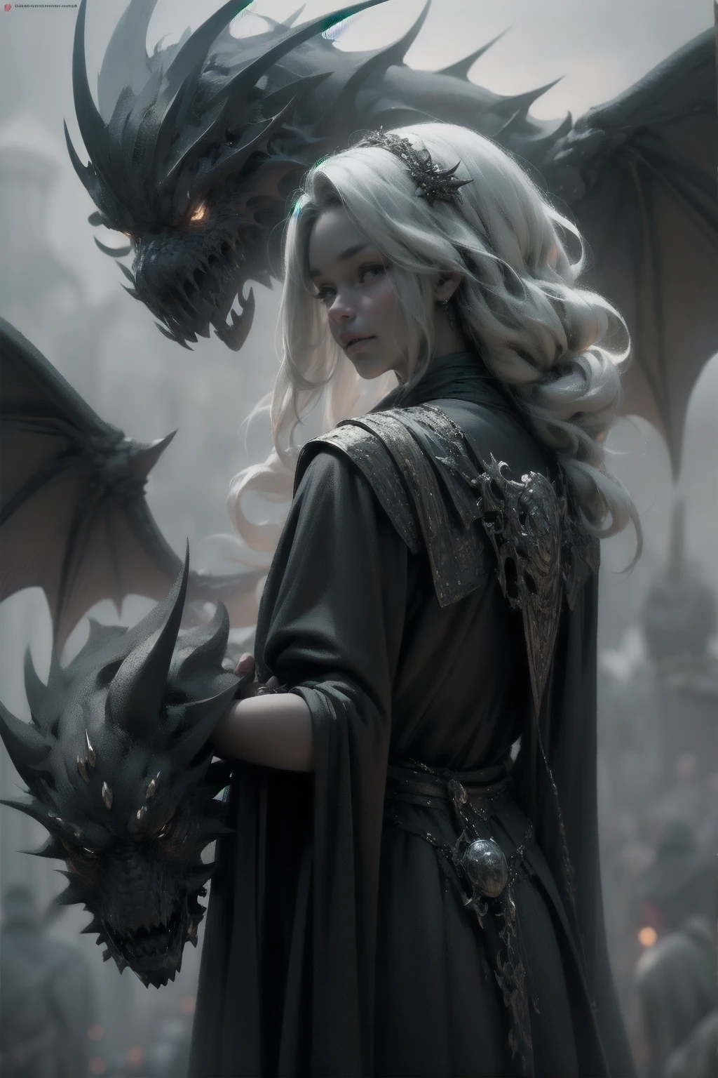 {-erro_de_anatomia:1.0} woman 30 years old, winterfel ,game of thrones clothes, dark castle, a woman (baela velaryon), black woman, black skin (black skin) medium hair, curly hair (white hair), (gray eyes) . Indifferent look , merciless. among the dragons, dinamic poses, egoist smile, upper body, angry face, backwards, looking back