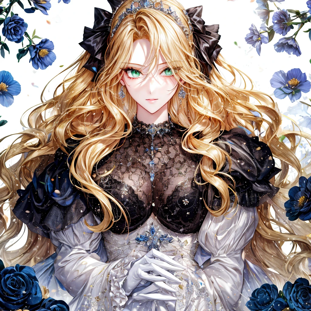 shoujo-style, (floral background, Romance Manhwa), 2girl, blonde hair, solo, long hair, flower, dress, tiara, white dress, gloves, long sleeves, choker, green eyes, mascara, makeup, white gloves, black bow, black flower, wavy hair, bow, Good, jewelry, looking at viewer, white background, collarbone, puffy sleeves, silver accessories, upper body, parted bangs, very long hair, blue dress, frills, bangs, closed mouth, detailed eyes, sparkle full body photo 