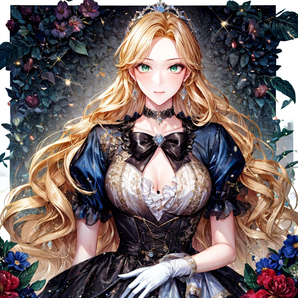 shoujo-style, (floral background, Romance Manhwa), 2girl, blonde hair, solo, long hair, flower, dress, tiara, white dress, gloves, long sleeves, choker, green eyes, mascara, makeup, white gloves, black bow, black flower, wavy hair, bow, Good, jewelry, looking at viewer, white background, collarbone, puffy sleeves, silver accessories, upper body, parted bangs, very long hair, blue dress, frills, bangs, closed mouth, detailed eyes, sparkle full body photo 