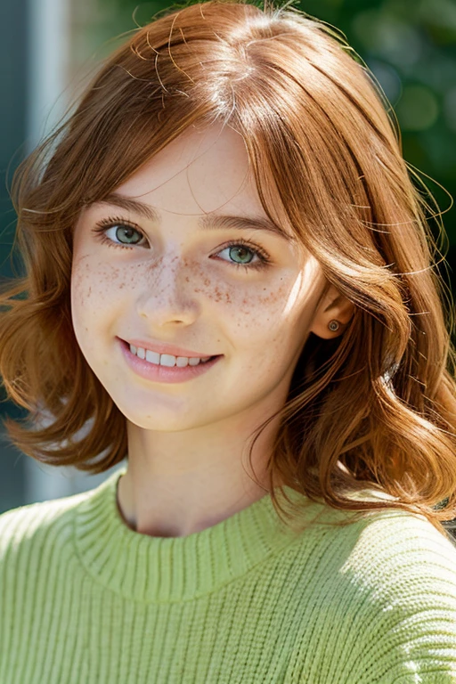 ,pale green eyes, medium length hair, Orange curly hair, has a lot of freckles, Best Quality,High resolution,ultra detailed,realist:1.37, make up, good proportions, sexiest quality, affected smile, Looking forward, black sweater, round neck, big breasts, Oval face, droopy eyes.