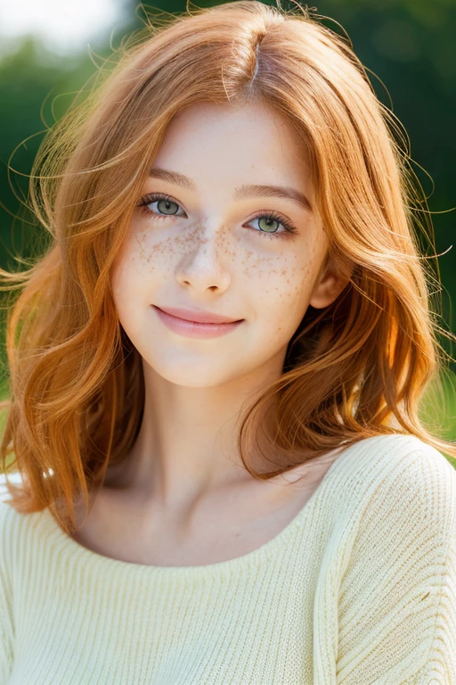 ,pale green eyes, medium length hair, Orange curly hair, has a lot of freckles, Best Quality,High resolution,ultra detailed,realist:1.37, make up, good proportions, sexiest quality, affected smile, Looking forward, black sweater, round neck, big breasts, Oval face, droopy eyes.