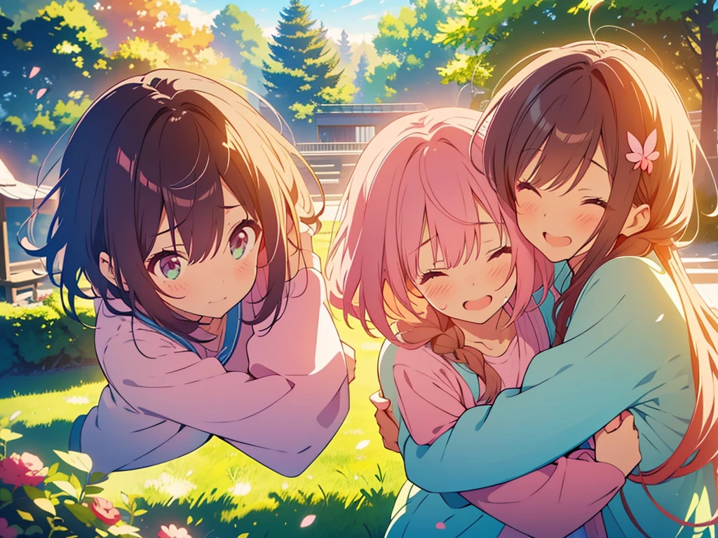 kawaii, anime, Cute, hyper quality, highly detailed, 8k, Clarity, Two girls with brown hair and pink hair, One person has long dark brown hair and green eyes., The other is a young girl with a bright pink short bob and scarlet eyes., Hug each other in Europe's natural water gardens, shed tears, A touching reunion, warm atmosphere, clear blue sky, jump on, whole body, clear air, planted flowers and greenery, Draw facial expressions in detail, highlight on eyes, Close your eyes and cry and laugh, pull perspective, hoodie, Uplifting, jump and hug, Draw the whole body of both of them, light dances, pink hair, Netherlands, pick up a , A small butterfly of light dances, with pink hair and short bob,