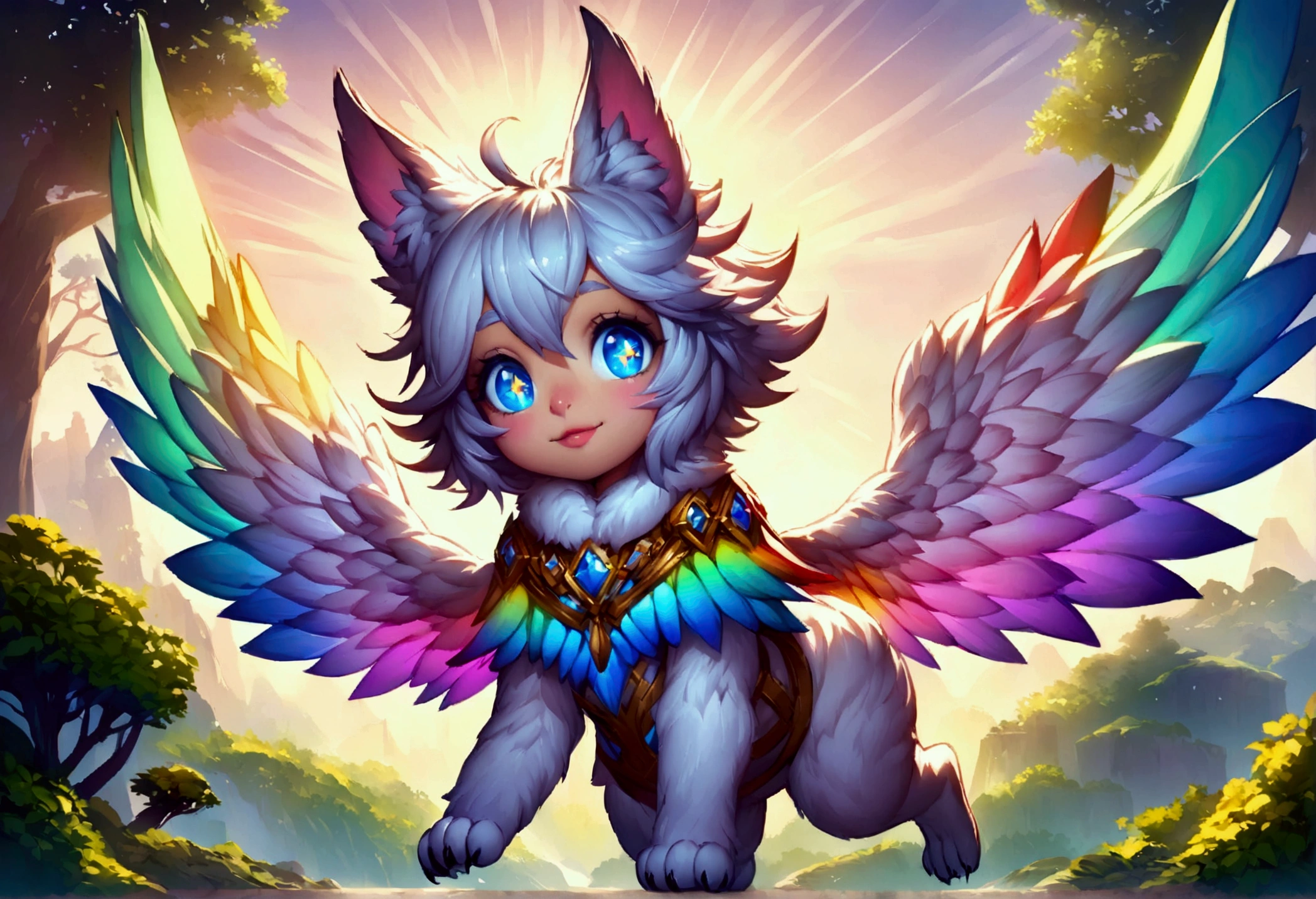 (ultra detailed), a striking and captivating full-size portrait of a female anthro flying puppy, with wings as colorful as a rainbow, soft and fluffy fur, bright, sparkling eyes filled with curiosity, posed mid-flight, suspended in mid-air, showcasing her playful nature, with a pair of small paws balanced delicately, detailed background depicting a whimsical and fantastical forest landscape, with hidden treasures and mysterious creatures, trending on artstation, cenematic lighting, an enchanting aura surrounding her, detailed eyes, a hint of a smile, showcasing her innocence and joy