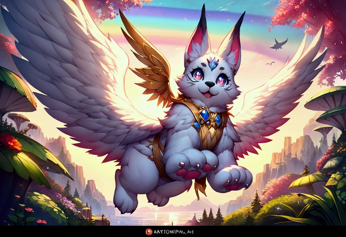 (ultra detailed), a striking and captivating full-size portrait of a female anthro flying puppy, with wings as colorful as a rainbow, soft and fluffy fur, bright, sparkling eyes filled with curiosity, posed mid-flight, suspended in mid-air, showcasing her playful nature, with a pair of small paws balanced delicately, detailed background depicting a whimsical and fantastical forest landscape, with hidden treasures and mysterious creatures, trending on artstation, cenematic lighting, an enchanting aura surrounding her, detailed eyes, a hint of a smile, showcasing her innocence and joy