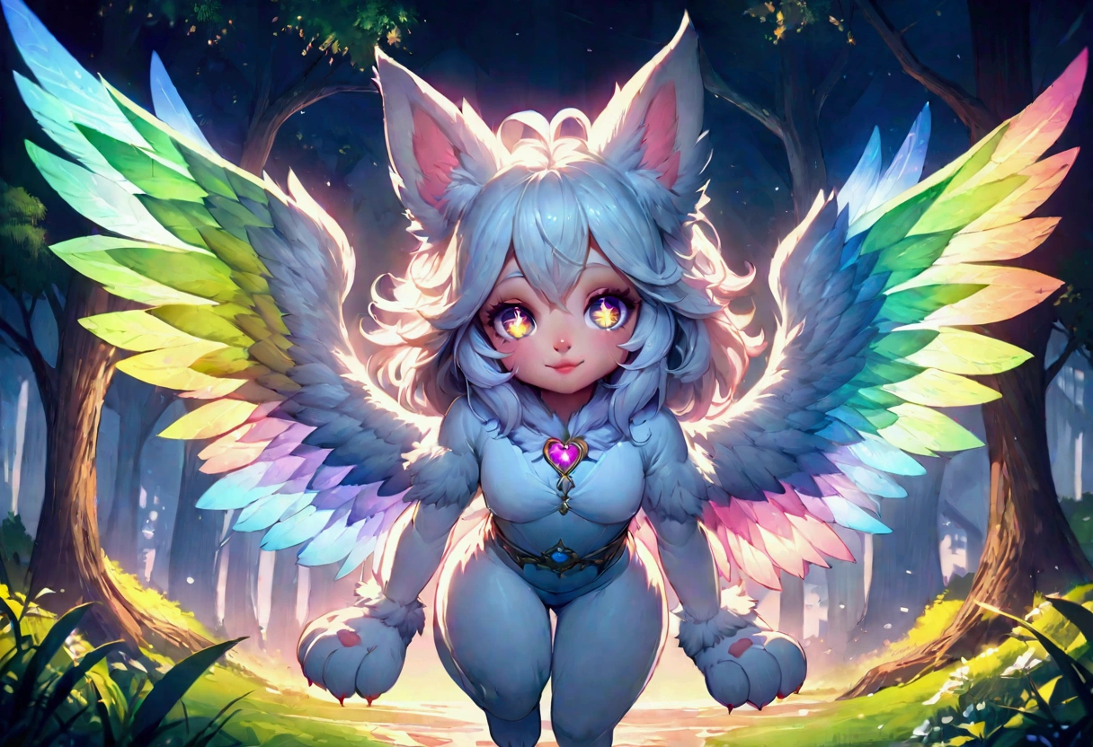 (ultra detailed), a striking and captivating full-size portrait of a female anthro flying puppy, with wings as colorful as a rainbow, soft and fluffy fur, bright, sparkling eyes filled with curiosity, posed mid-flight, suspended in mid-air, showcasing her playful nature, with a pair of small paws balanced delicately, detailed background depicting a whimsical and fantastical forest landscape, with hidden treasures and mysterious creatures, trending on artstation, cenematic lighting, an enchanting aura surrounding her, detailed eyes, a hint of a smile, showcasing her innocence and joy