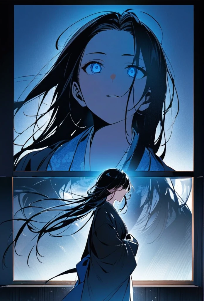 Japanese。male。Sharp Eye。Very long black hair。profile。Plain blue kimono(Dressed in kimono)。A strong wind blows my hair back。Cover your eyes with hair。The background is blue light。Stand up straight。An illustration。picture。