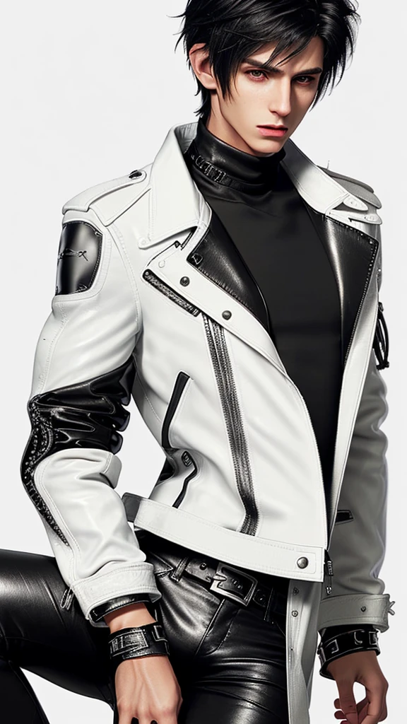 Final fantasy taste and reality graphics, Japanese young cute and cool ikemen boy, his age is early 20s, thin eyebrows and beady eyes, ((he wearing off white color leather thick material jacket)), ((jacket is singlebrest)), ((biker style jacket)), ((with epaulet)), ((jacket is long sleeve)), ((must close the front of the leather jacket)), , ((voluminous leather jacket)), ,((must jacket is high length and stand-up collar)) ((jacket collar with two belts)), ((jacket is a little black color line pattern)),((close the front of the jacket)), ((also wearing black thick material turtleneck lackluster shirts)), ((tight black leather pants)), ((black leather tight and thin glove)), ((black leather knee-high raceup boots)),((must views head-to-toe)),((must views whole body)), ,((Do not show skin from the neck down)),leather jacket leather glove and leather pants have few wrinkles, Avoid showing your innerwear,zip up jacket fastner.must put on a leather glove.
Bous face is expression of ecstasy.
Boy is black hair.boy looks like fashion model.
((Tape wrap gagged)),